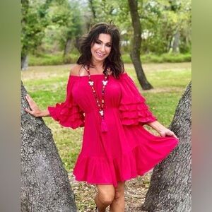 UMGEE ~Chic Pink Ruffled‎ Off-Shoulder Dress Small